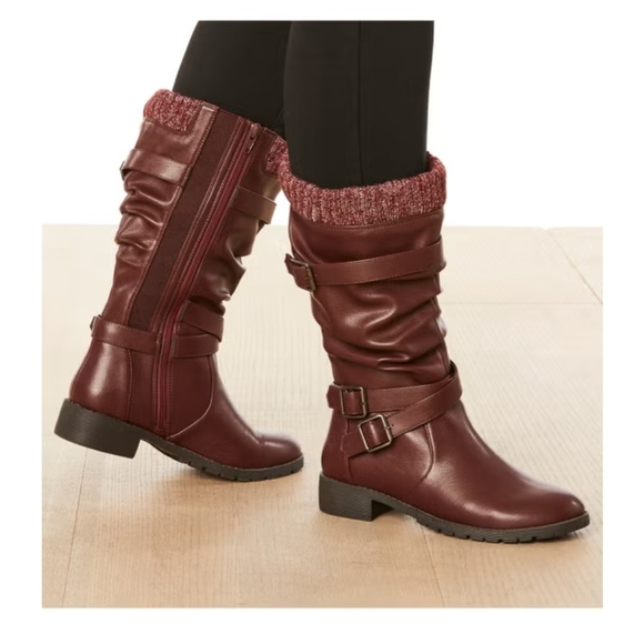 Comfortview Wine Red Moto Boots (Burhandy/brown) Wide Calf - Picture 1 of 5
